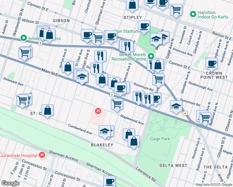 map of restaurants, bars, coffee shops, grocery stores, and more near 875 Main Street East in Hamilton