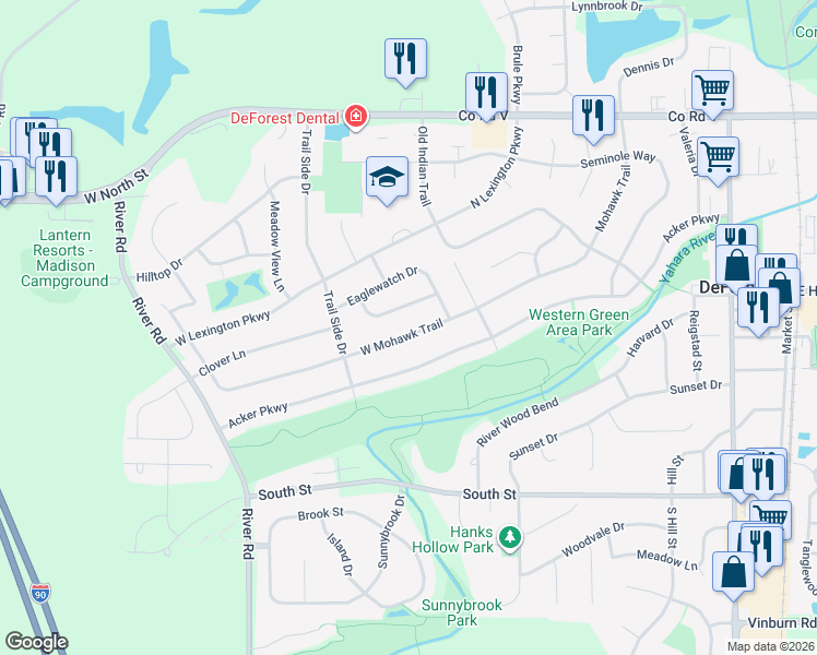 map of restaurants, bars, coffee shops, grocery stores, and more near 632 West Mohawk Trail in DeForest