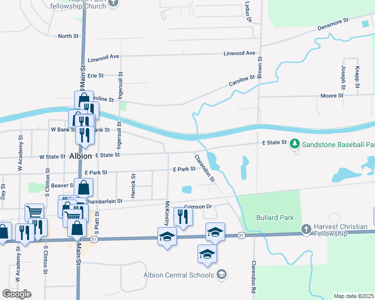 map of restaurants, bars, coffee shops, grocery stores, and more near 327 East State Street in Albion
