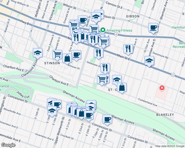 map of restaurants, bars, coffee shops, grocery stores, and more near 103 Myrtle Avenue in Hamilton