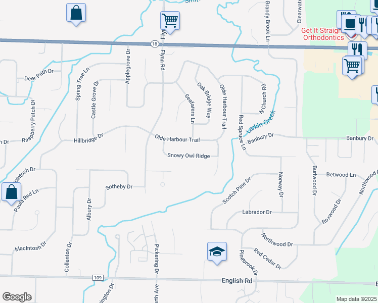map of restaurants, bars, coffee shops, grocery stores, and more near 96 Snowy Owl Ridge in Rochester