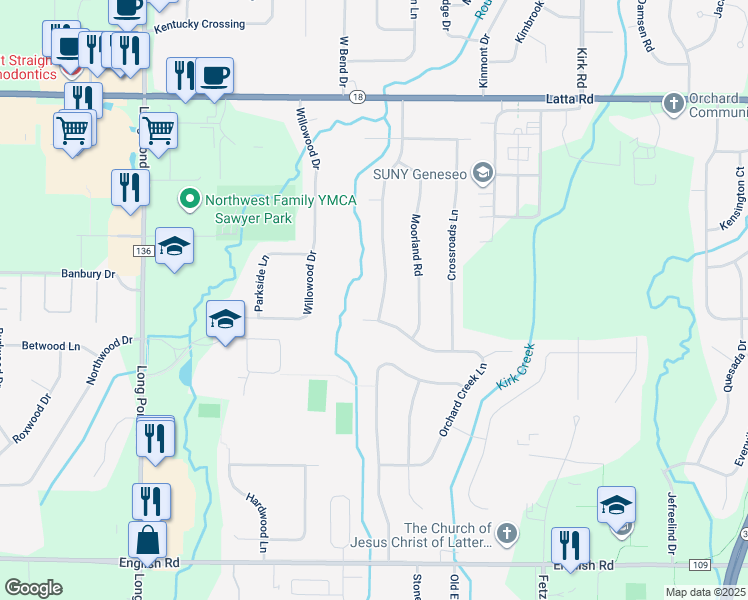 map of restaurants, bars, coffee shops, grocery stores, and more near 243 Apple Creek Lane in Rochester