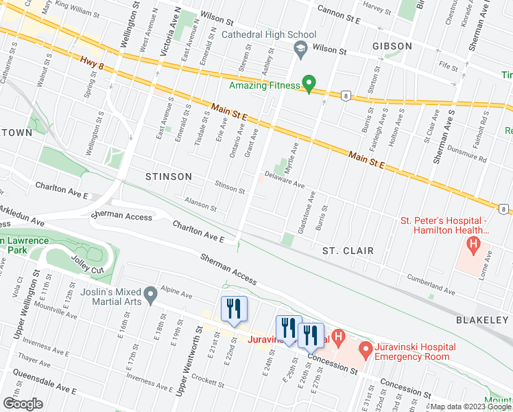 map of restaurants, bars, coffee shops, grocery stores, and more near 1 Rutherford Avenue in Hamilton