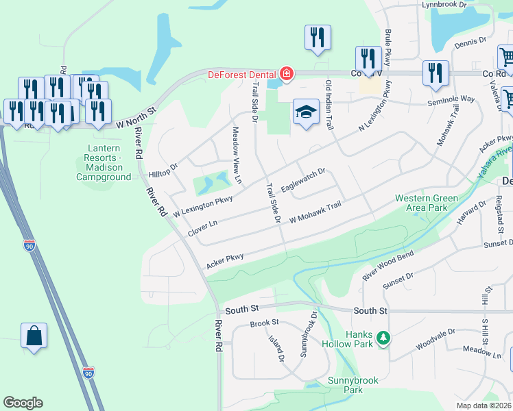 map of restaurants, bars, coffee shops, grocery stores, and more near 820 Clover Lane in DeForest