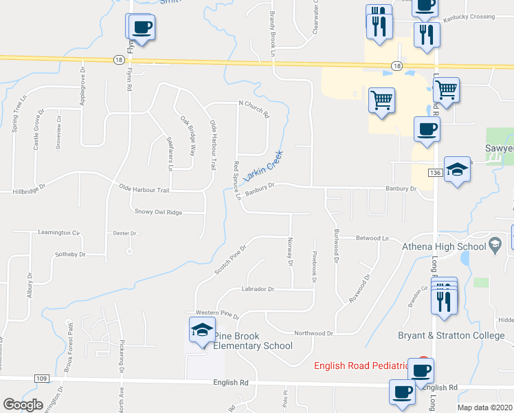 map of restaurants, bars, coffee shops, grocery stores, and more near 399 Red Spruce Lane in Rochester