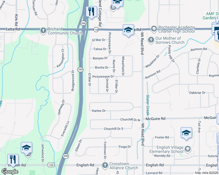 map of restaurants, bars, coffee shops, grocery stores, and more near 62 Orchid Drive in Rochester