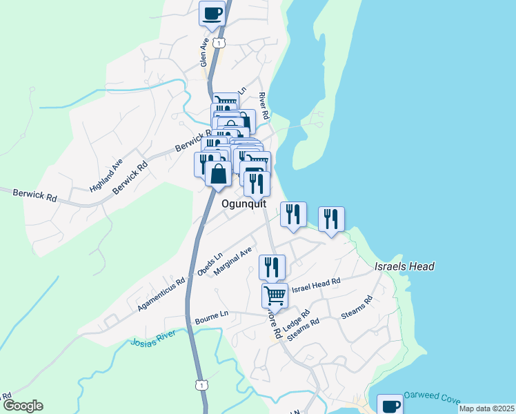 map of restaurants, bars, coffee shops, grocery stores, and more near 82 Shore Road in Ogunquit