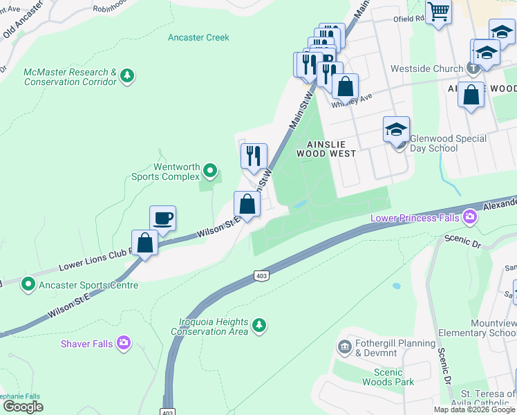 map of restaurants, bars, coffee shops, grocery stores, and more near 1983 Main Street West in Hamilton