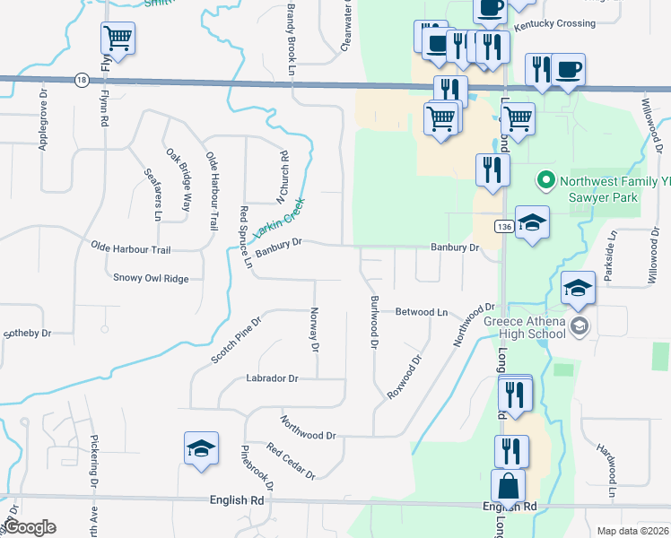 map of restaurants, bars, coffee shops, grocery stores, and more near 563 Red Spruce Lane in Rochester