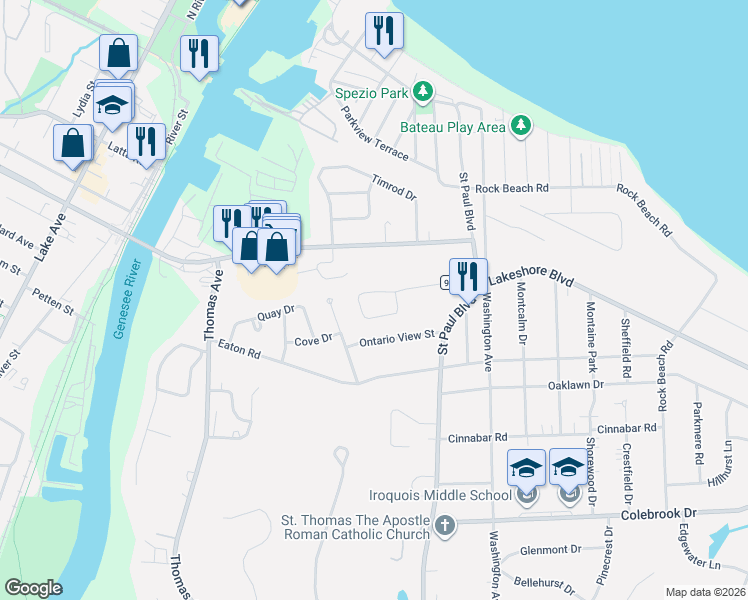 map of restaurants, bars, coffee shops, grocery stores, and more near 351 Lakeshore Boulevard in Rochester