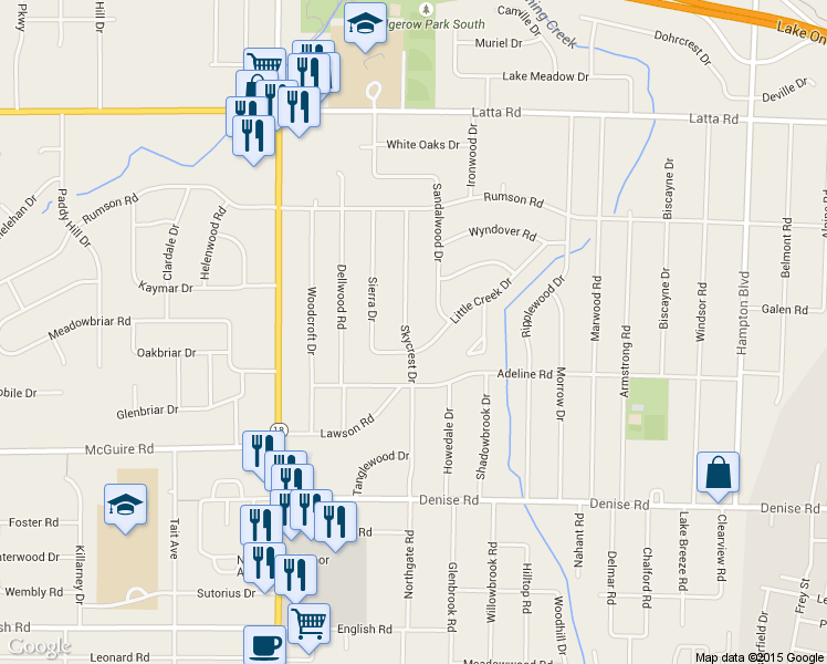 map of restaurants, bars, coffee shops, grocery stores, and more near 50 Skycrest Drive in Rochester