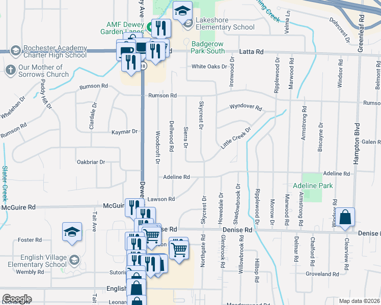 map of restaurants, bars, coffee shops, grocery stores, and more near 40 Sierra Drive in Rochester