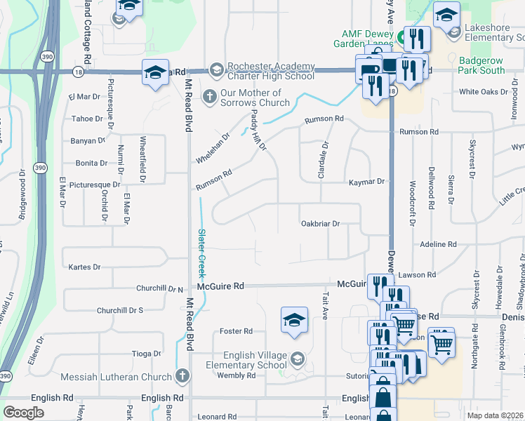 map of restaurants, bars, coffee shops, grocery stores, and more near 373 Meadowbriar Road in Rochester