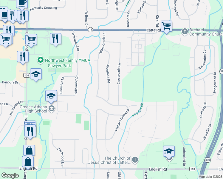 map of restaurants, bars, coffee shops, grocery stores, and more near 171 Moorland Road in Rochester