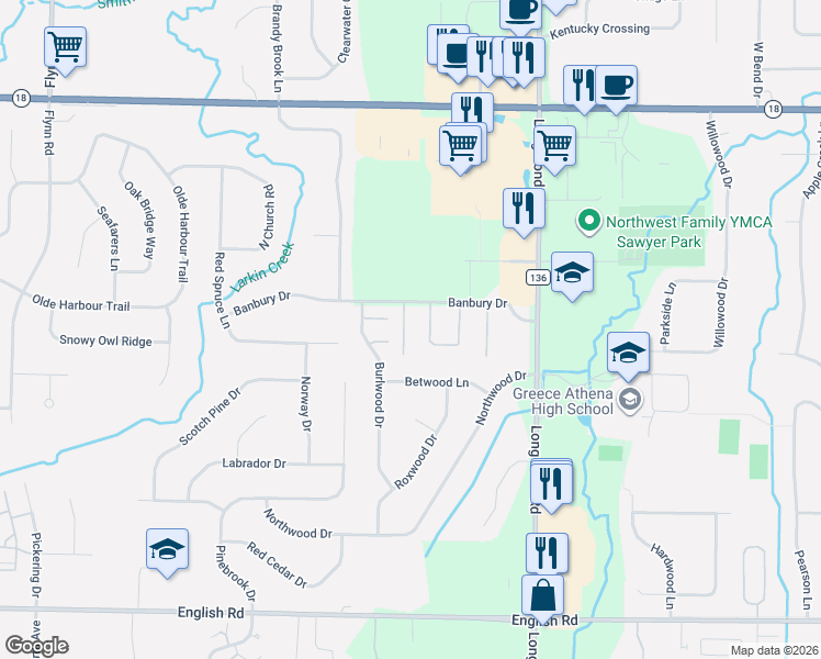 map of restaurants, bars, coffee shops, grocery stores, and more near 16 Kettering Drive in Rochester