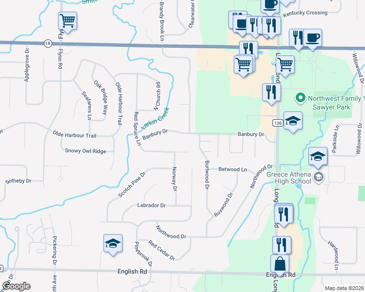 map of restaurants, bars, coffee shops, grocery stores, and more near 563 Red Spruce Lane in Rochester