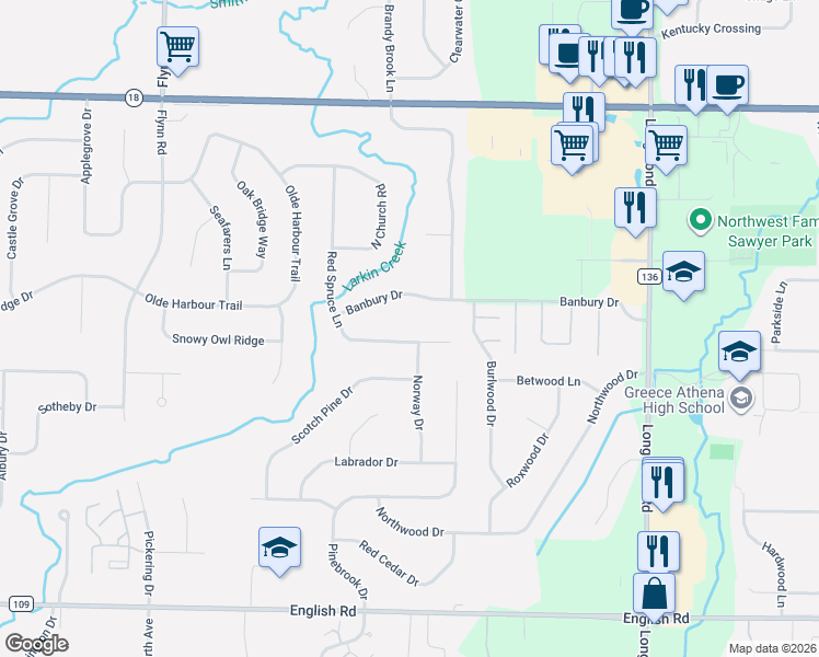 map of restaurants, bars, coffee shops, grocery stores, and more near 485 Red Spruce Lane in Rochester