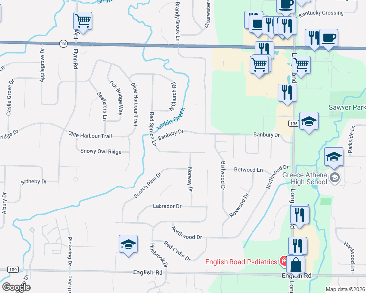 map of restaurants, bars, coffee shops, grocery stores, and more near 485 Red Spruce Lane in Rochester