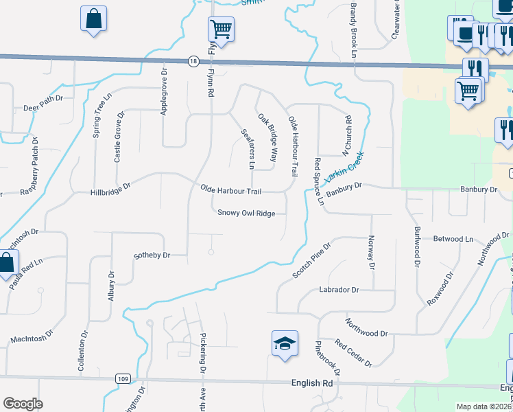 map of restaurants, bars, coffee shops, grocery stores, and more near 96 Snowy Owl Ridge in Rochester