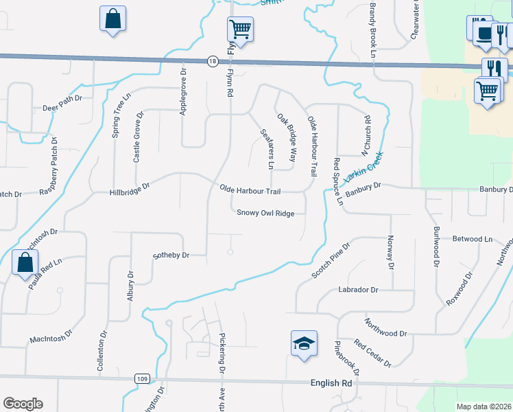map of restaurants, bars, coffee shops, grocery stores, and more near 96 Snowy Owl Ridge in Rochester