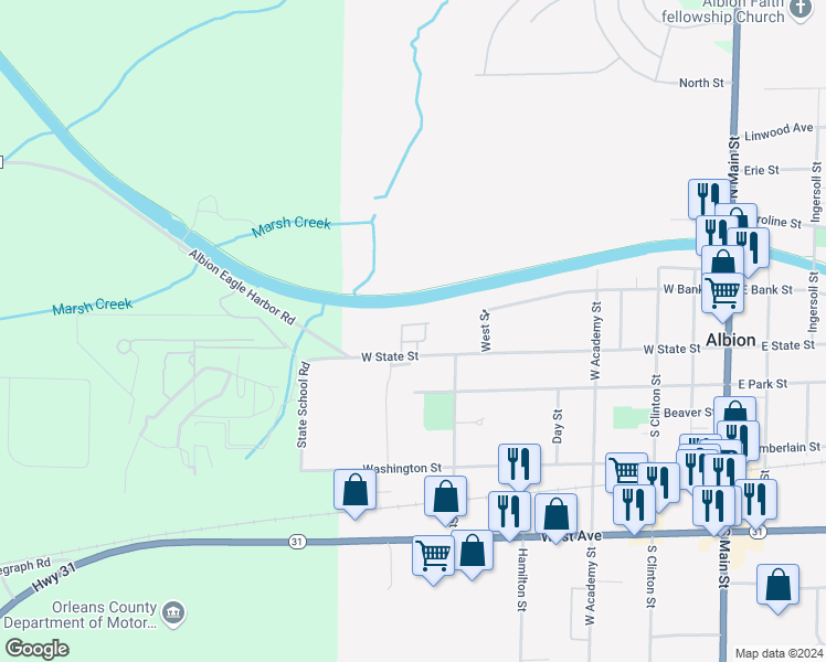 map of restaurants, bars, coffee shops, grocery stores, and more near 431 West State Street in Albion