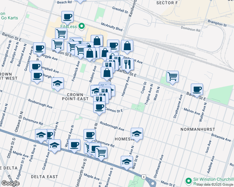 map of restaurants, bars, coffee shops, grocery stores, and more near in Hamilton