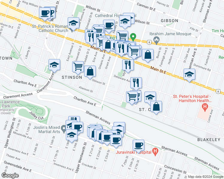 map of restaurants, bars, coffee shops, grocery stores, and more near in Hamilton