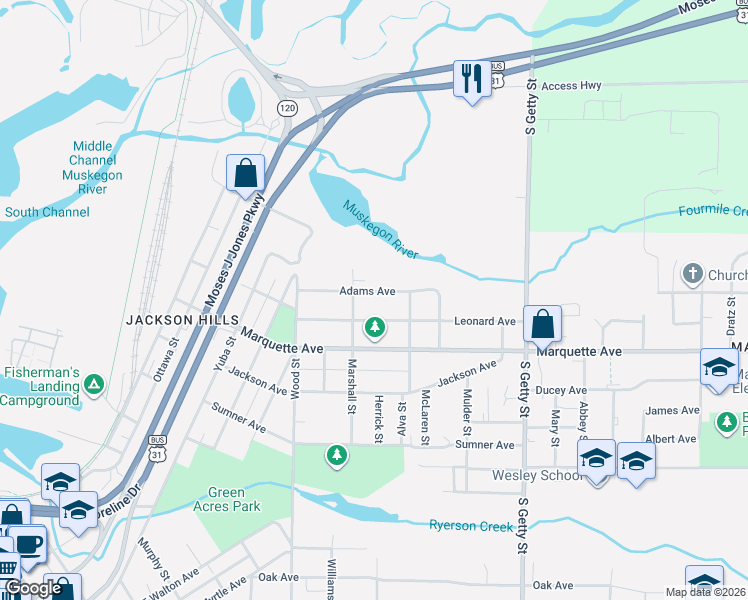map of restaurants, bars, coffee shops, grocery stores, and more near 532 Leonard Avenue in Muskegon