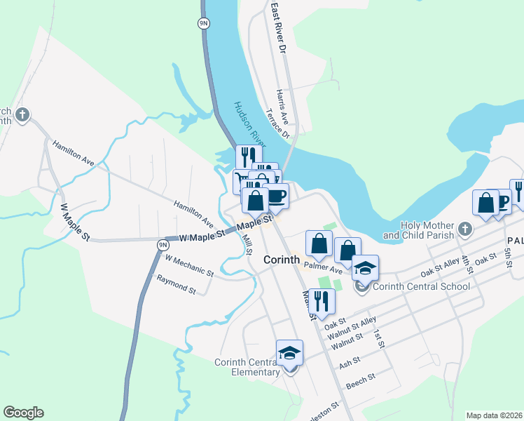 map of restaurants, bars, coffee shops, grocery stores, and more near 207 Main Street in Corinth