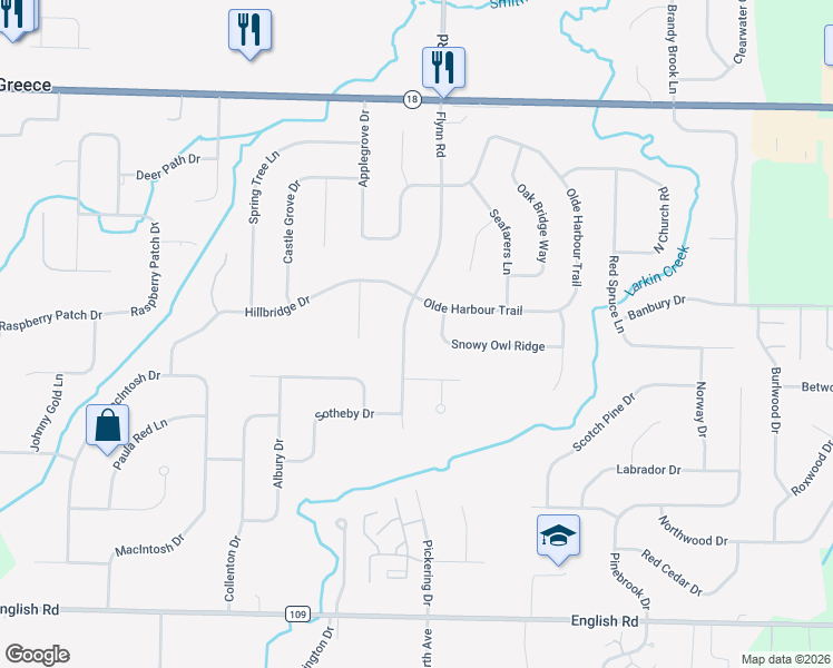 map of restaurants, bars, coffee shops, grocery stores, and more near 1378 Flynn Road in Rochester