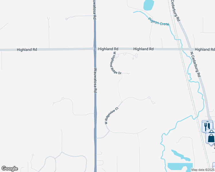 map of restaurants, bars, coffee shops, grocery stores, and more near 7331 West Highland Ridge Drive in Mequon