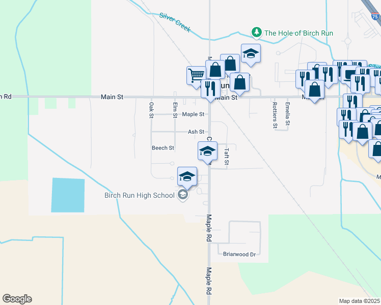 map of restaurants, bars, coffee shops, grocery stores, and more near 12450 Church Street in Birch Run
