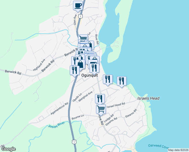 map of restaurants, bars, coffee shops, grocery stores, and more near 82 Shore Road in Ogunquit