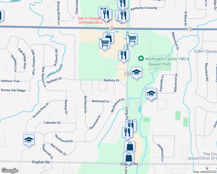 map of restaurants, bars, coffee shops, grocery stores, and more near 17 Ellington Circle in Rochester