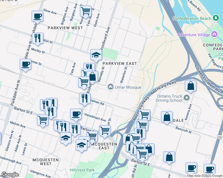 map of restaurants, bars, coffee shops, grocery stores, and more near 734 Rennie Street in Hamilton
