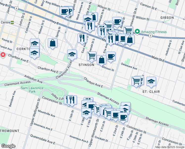 map of restaurants, bars, coffee shops, grocery stores, and more near 24 Alanson Street in Hamilton