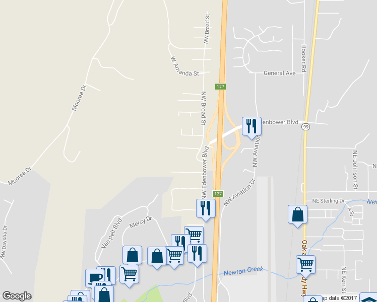 map of restaurants, bars, coffee shops, grocery stores, and more near 555 Northwest Wide Avenue in Roseburg