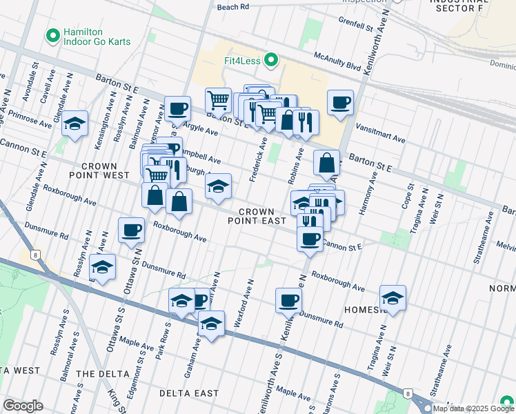 map of restaurants, bars, coffee shops, grocery stores, and more near 42 Frederick Avenue in Hamilton