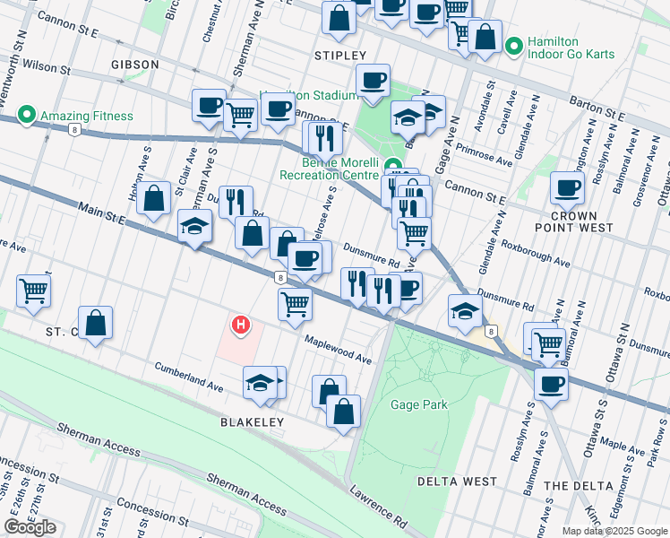 map of restaurants, bars, coffee shops, grocery stores, and more near 119 Prospect Street South in Hamilton