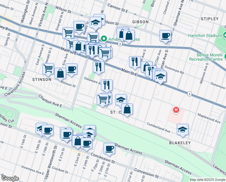 map of restaurants, bars, coffee shops, grocery stores, and more near 157 Burris Street in Hamilton
