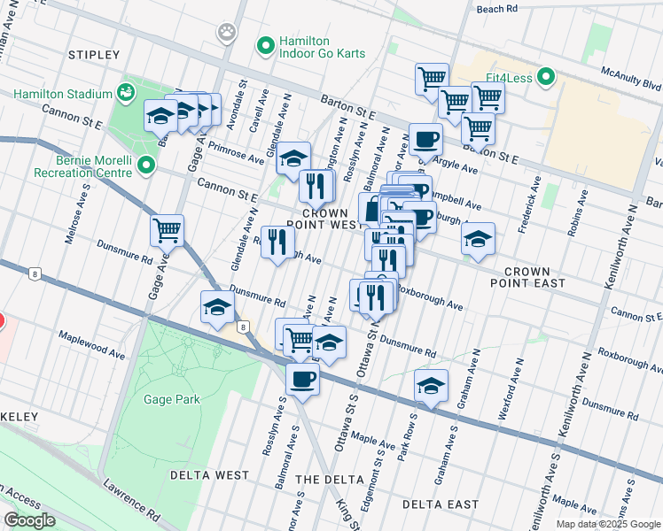 map of restaurants, bars, coffee shops, grocery stores, and more near 106 Roxborough Avenue in Hamilton