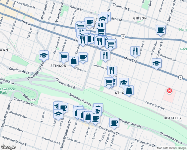 map of restaurants, bars, coffee shops, grocery stores, and more near 272 Stinson Crescent in Hamilton