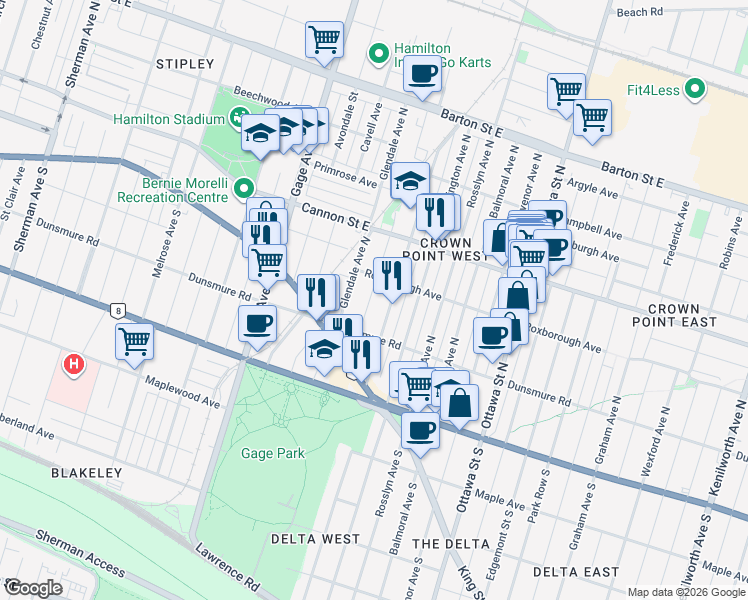 map of restaurants, bars, coffee shops, grocery stores, and more near 70 Belview Avenue in Hamilton