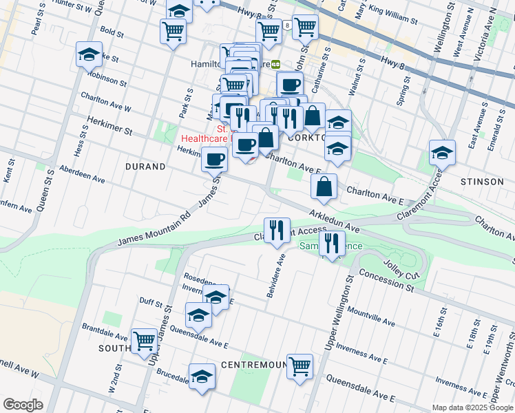 map of restaurants, bars, coffee shops, grocery stores, and more near 362 John Street South in Hamilton