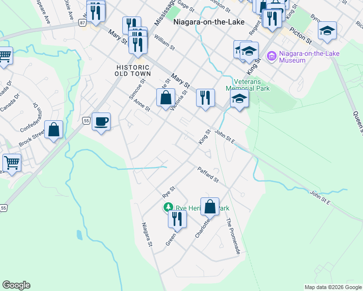 map of restaurants, bars, coffee shops, grocery stores, and more near 3 Evergreen Lane in Niagara-on-the-Lake