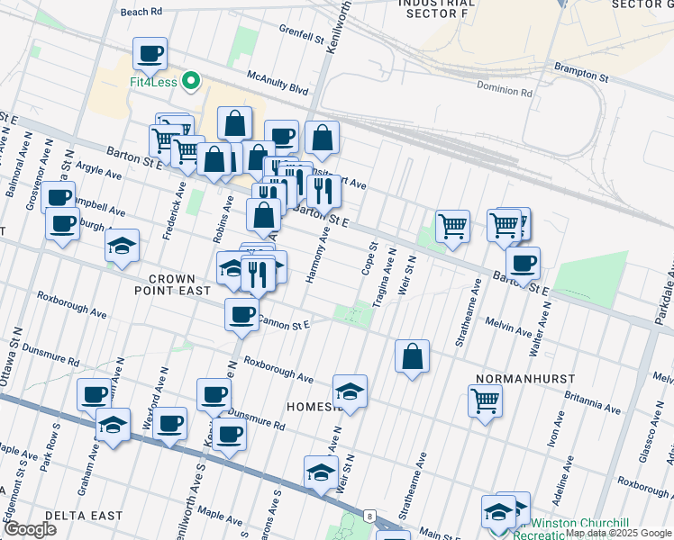 map of restaurants, bars, coffee shops, grocery stores, and more near in Hamilton