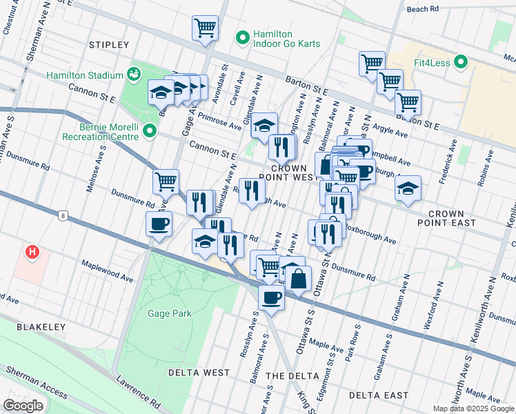 map of restaurants, bars, coffee shops, grocery stores, and more near in Hamilton