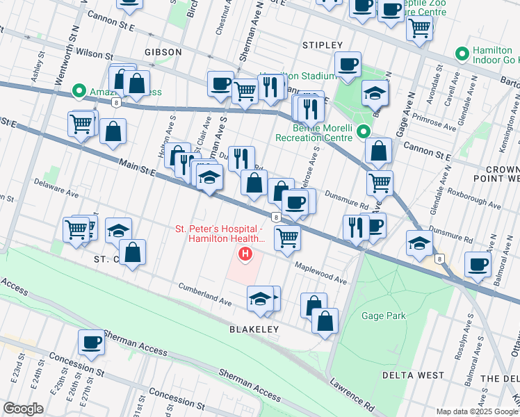 map of restaurants, bars, coffee shops, grocery stores, and more near in Hamilton