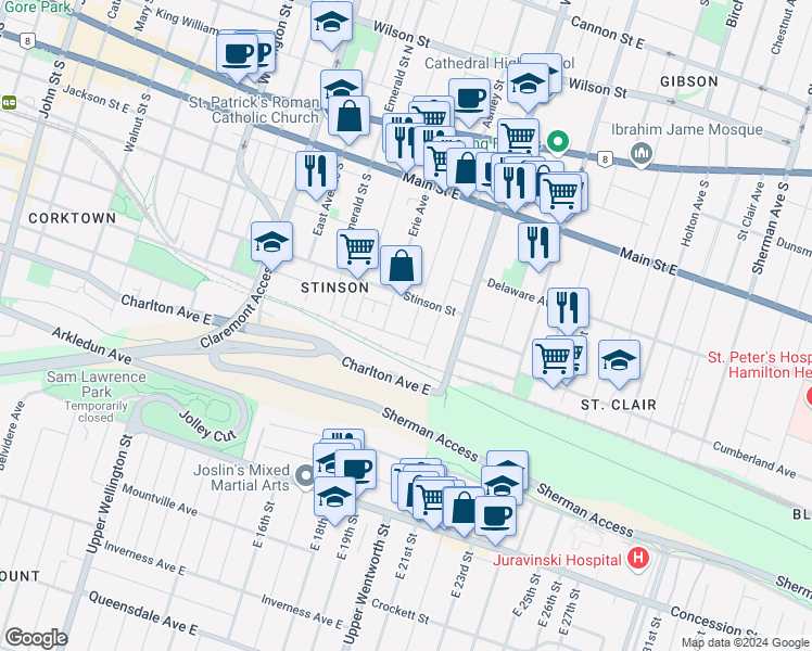 map of restaurants, bars, coffee shops, grocery stores, and more near in Hamilton