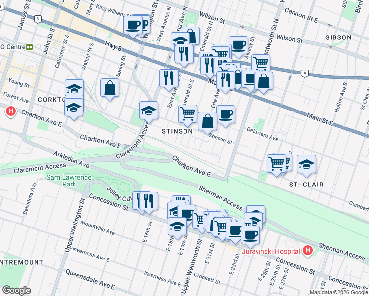 map of restaurants, bars, coffee shops, grocery stores, and more near 12 Alanson Street in Hamilton